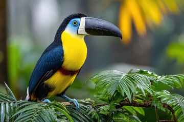 Fototapeta premium A beautiful close-up of a Channel-billed Toucan perched among lush tropical foliage, showcasing its vibrant yellow chest, blue accents, and striking black bill in the sunlight.