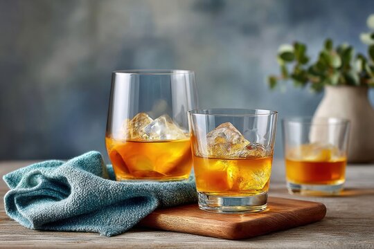 A whisky tasting party, glasses on wooden table