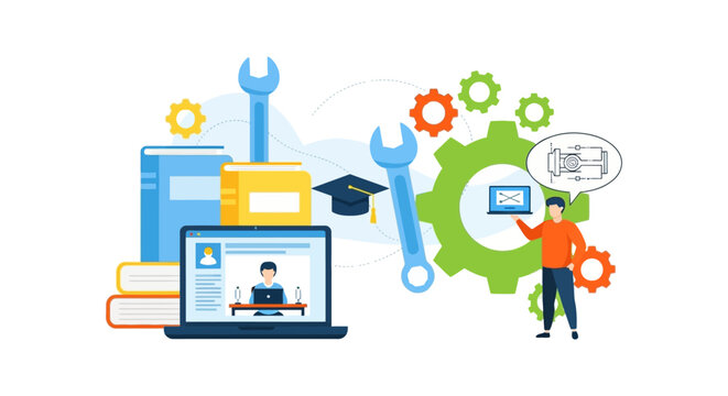 Online Engineering and Technical Training. Mechanic E-learning course, vocational education, digital skills development, repair knowledge, books, tools, and gears.
