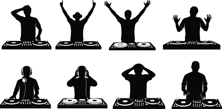 DJ silhouette set with turntable mixer, professional disc jockey performing, musical night club party icons, electronic dance music vector elements.