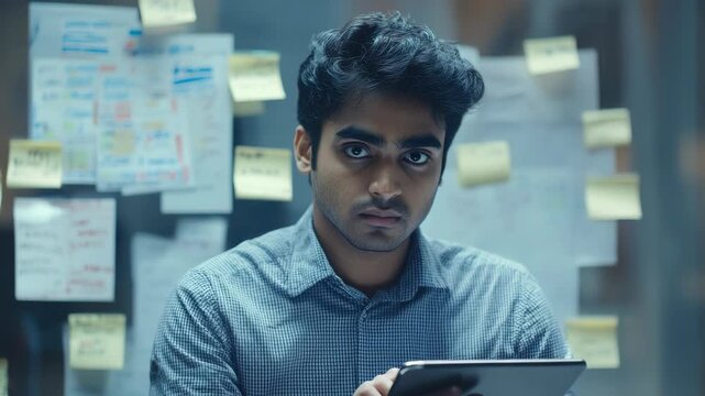 Young man in business attire examining spreadsheets on a laptop, surrounded by sticky notes and papers.