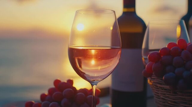 Wine glasses on table with sunset in background and grape bunches.