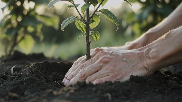 Hands plant young sapling in soil; green leaves, natural light, no text, video 4K silent for environmental campaign or sustainability education.