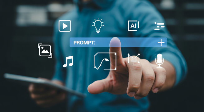 Typing prompt into AI generation tool with creative icons