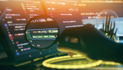 Magnifying Glass Inspecting Source Code on Tablet and Monitor with Neon Light in Developer Workspace