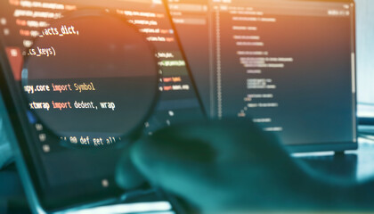 Programmer Reviewing Source Code Through Magnifying Glass on Futuristic Screen Interface