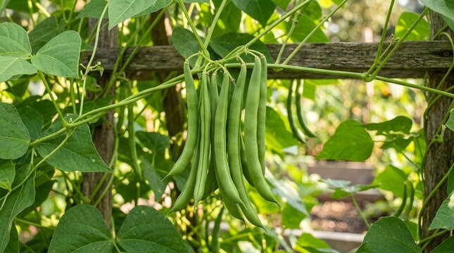 A wooden trellis supports climbing green bean plants with large leaves and long pods