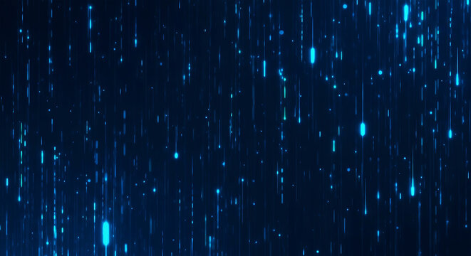 Digital rain effect with glowing blue code symbols on dark background