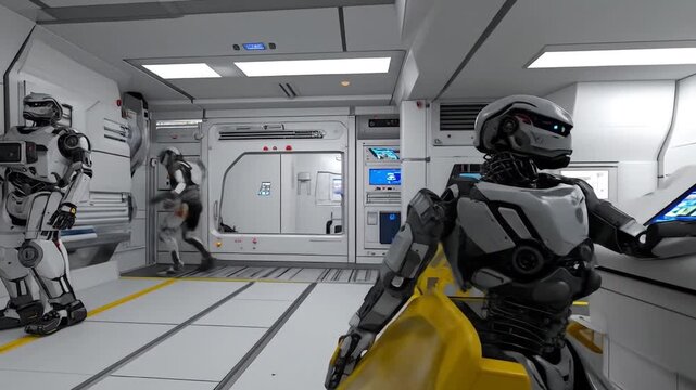 Robots in a futuristic space station interior.