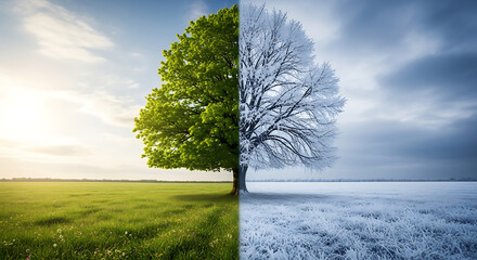 Obraz premium Symmetry of seasons with green oak tree transition into white frosted winter landscape at daybreak
