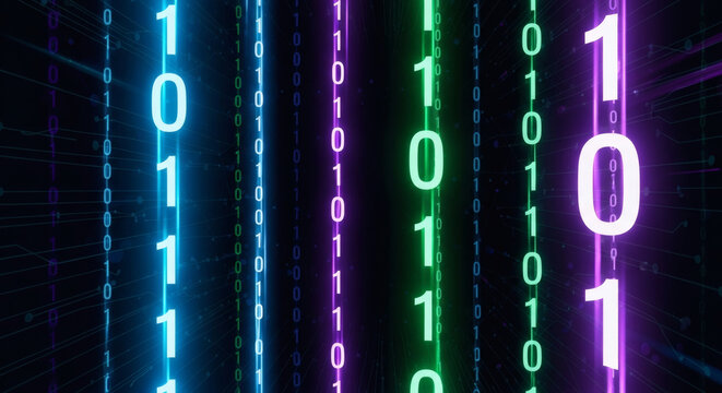 Abstract Digital Data Flow: Glowing Neon Binary Code Matrix Background