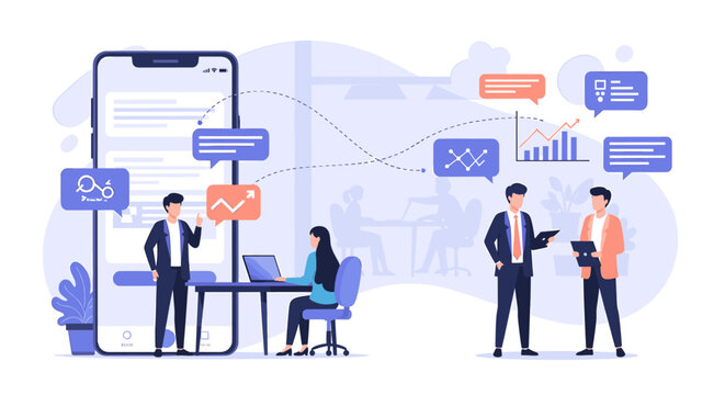 Business professionals analyzing data and communicating through digital platforms and mobile applications, illustrating modern workflow and analytics.