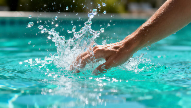 Pool splash: Dynamic action shot of a hand slapping the water surface, creating a sparkling aqua spray