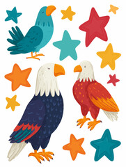Fototapeta premium Patriotic Bald Eagle Seamless Pattern With Stars In Modern Flat Illustration Style For Independence Day Background Poster With Copy Space