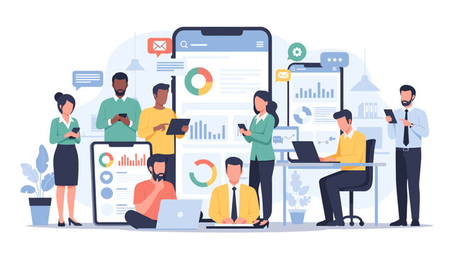 Diverse group of people using digital devices and analyzing data on large screens, representing business analytics and technology.