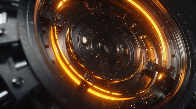 Close-up of a dark, metallic circular mechanism with glowing orange ring details