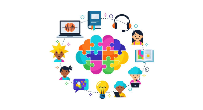Collaborative and Diverse Learning Concept. Colorful puzzle brain surrounded by students using technology for cognitive development and remote education.