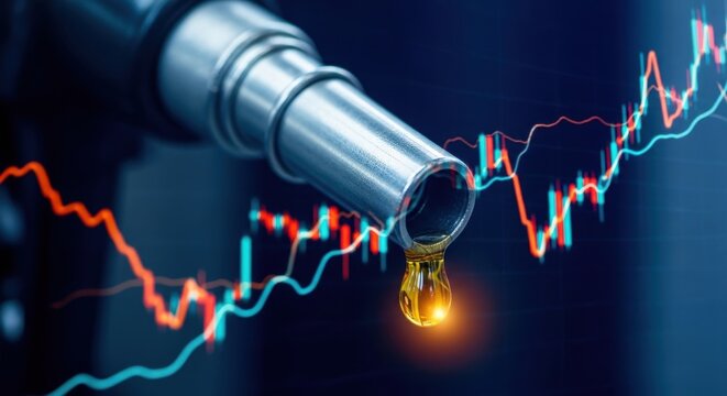 Fuel Nozzle with Dripping Golden Gasoline Drop and Abstract Financial Stock Market Chart Background