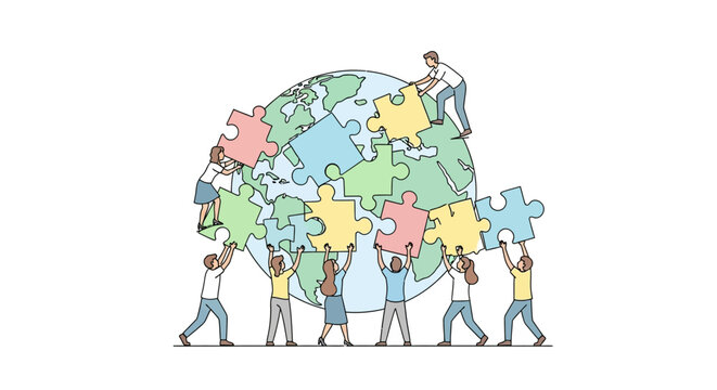 Diverse people holding puzzle pieces.