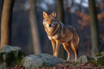 Fototapeta premium A majestic coyote standing alert on a moss-covered rock in a forest setting, illuminated by the golden light of the setting sun in late autumn.