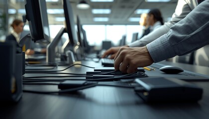 Fototapeta premium A person's hands are actively typing on a computer keyboard in a modern office environment surrounded by cables.