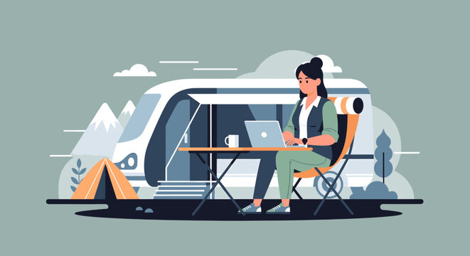 A woman working on her laptop outside a camper van during a camping trip in a mountainous landscape.