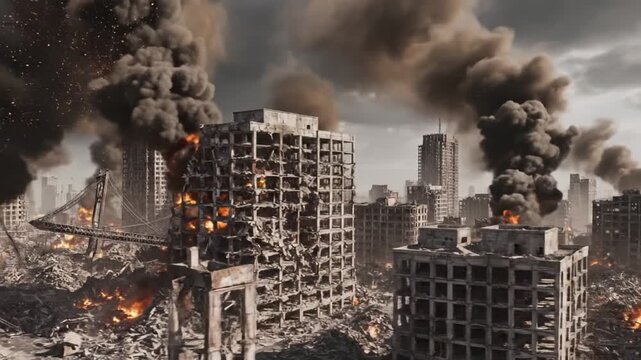 A cityscape in ruins with buildings destroyed and on fire, surrounded by smoke and rubble, indicating a disaster or war zone aftermath