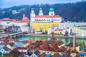 Passau, Germany. Inn river and old town of Passau cityscape view