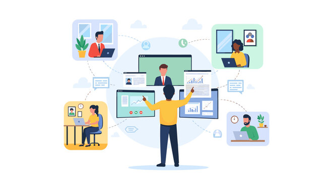 Diverse team collaborating remotely on a project using video conferencing and digital tools, showcasing a modern work environment.