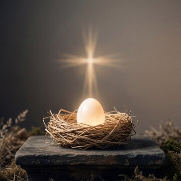 Single glowing egg in a straw nest on a dark rustic pedestal, illuminated by a radiant cross above, symbolizing Easter, resurrection, Christian faith, hope, devotion, and sacred light.