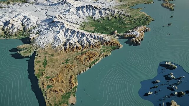 Vivid 3D Animated Relief Map of the Indian Subcontinent, Displaying Majestic Himalayan Peaks