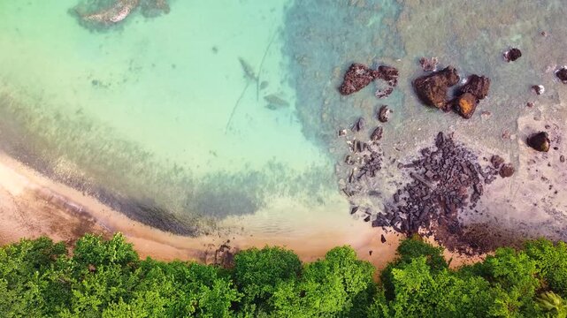 An aerial top-down video of clear turquoise water meeting a dark rocky shoreline and lush tropical forest on S&atilde;o Tom&eacute; Island, S&atilde;o Tom&eacute; and Pr&iacute;ncipe