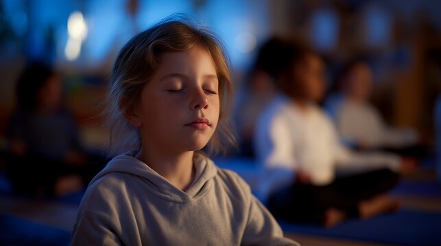 Teacher leading elementary class through body scan meditation lying on individual mats in dimmed classroom with soft lighting, perfect for relaxation techniques childhood wellness mindfulness