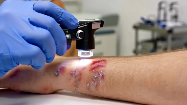 Medical professional examining skin lesion on patient's leg with dermatoscope in clinic