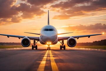 Naklejka premium Commercial Airplane on Runway at Sunset, Passenger Jet Ready for Takeoff with Golden Sky Background