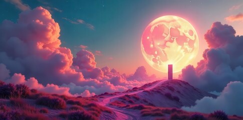 Fototapeta premium A surreal landscape with a giant floating moon illuminating vibrant clouds and a mysterious door in the sky , surreal, element