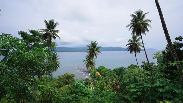 A view through tropical palm trees and lush foliage looking across the ocean toward S&atilde;o Tom&eacute; Island from the equator island of Ilh&eacute;u das Rolas, S&atilde;o Tom&eacute; and Pr&iacute;ncipe