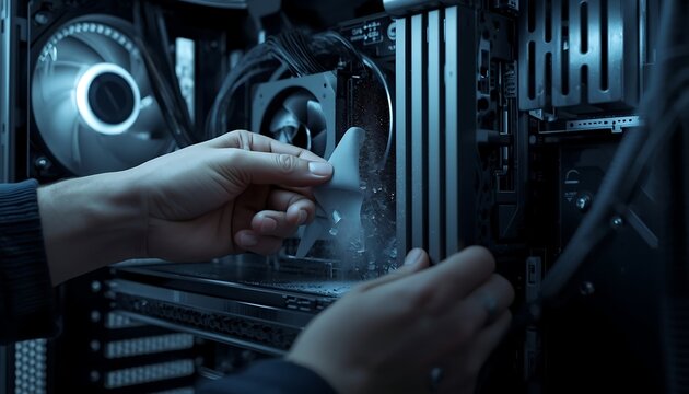 A person's hands are carefully cleaning accumulated dust from a computer fan inside a desktop PC case, ensuring optimal performance.