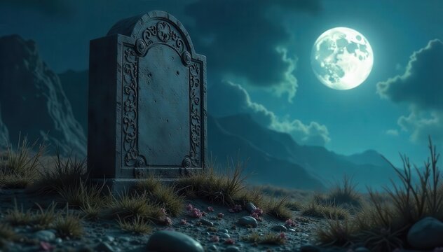 Claws scrape a weathered tombstone, moon hangs low , tombstones, darkness