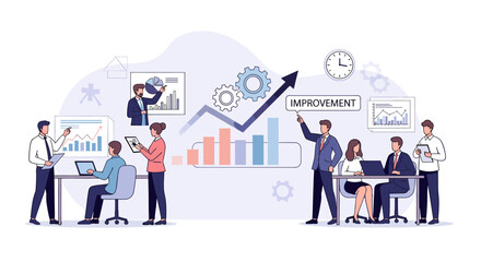 Business professionals collaborating and analyzing data to achieve improvement and growth in a modern office setting. © Habi