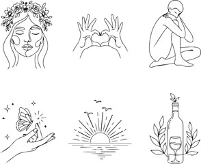 Obraz premium Illustrations of emotions, nature, and symbolic gestures in minimalist line art