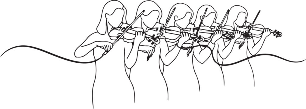 Harmonious ensemble of violinists playing in unison with intertwined strings