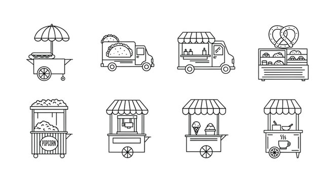 Street Food Cart Line Icon Set, Outline Food Truck Kiosk and Snack Stall Collection Isolated on White Background