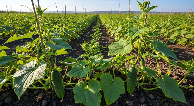 Rows of lush green cucumber plants growing in a wide garden on a sunny day in 2024