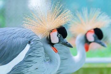 Fototapeta premium Grey crowned cranes showing intricate feather detail