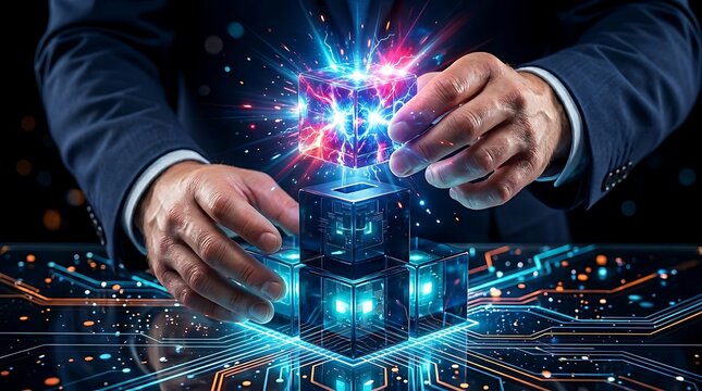 Professional Hands Precisely Placing a Vibrant Glowing Energy Cube onto a Futuristic Digital Circuit Board Structure, Symbolizing Advanced Technological Innovation and Powerful Interconnected Systems.