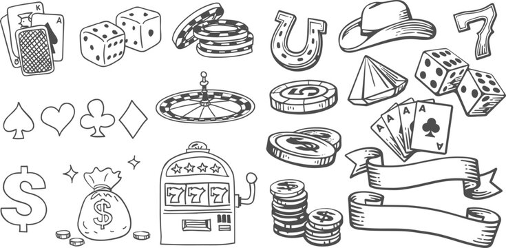 Hand Drawn Casino Doodles Collection with Gambling Symbols and Sketch Style Elements Vector Set
