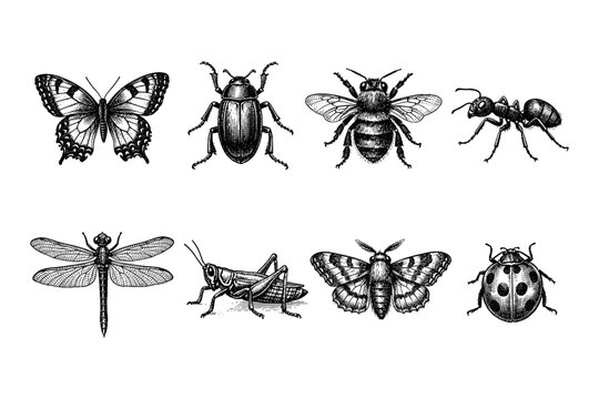 Vintage illustration of various insects including butterfly, beetle, bee, ant, dragonfly, grasshopper, moth, and ladybug