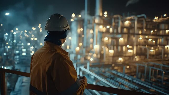 Engineer supervising pipeline inspection at upstream oil and gas engineering plant during industrial maintenance