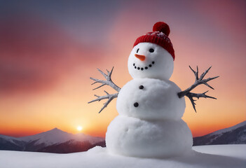 Obraz premium Funny snowman in winter mountain scenery. Merry christmas and happy new year.
